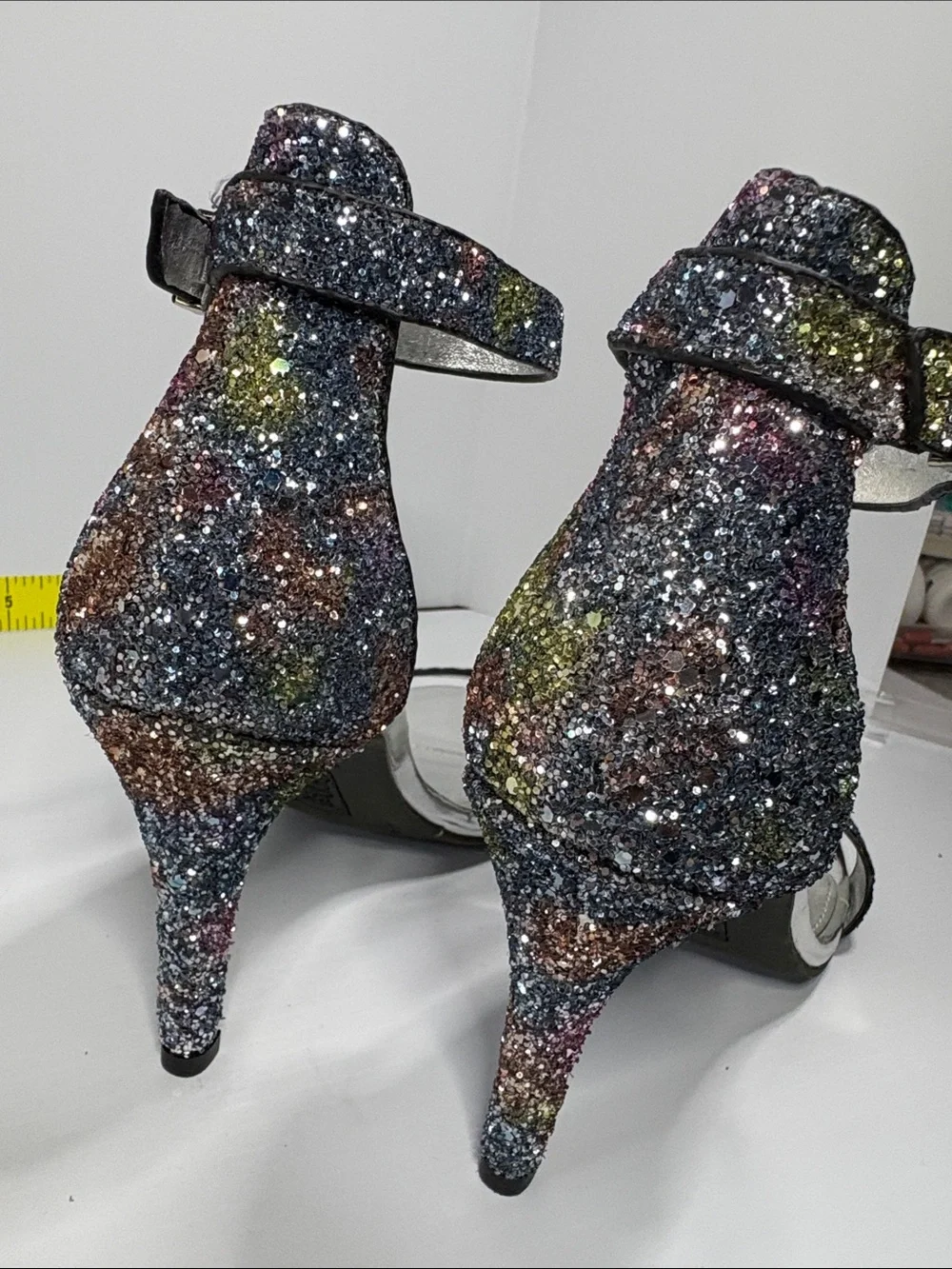 4.5” Brash rainbow Glitter Multicolor Ankle-Strap‎ Stilettos. Box 25